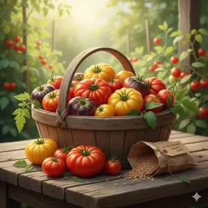 A wooden basket filled with diverse heirloom tomatoes, representing the successful growth of heirloom tomato seeds.