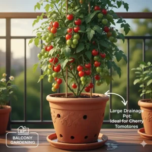 Illustration of a large drainage pot, the ideal container size for cherry tomatoes to grow on a balcony.
