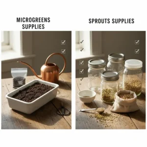 Illustrated checklist of supplies including mesh lids for sprout jars and flat planting trays for microgreens.