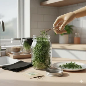 Illustration showing how to harvest mature sprouts from a growing kit jar for meal preparation.