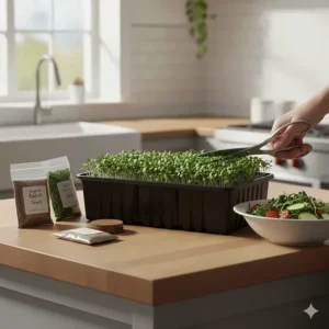 Using kitchen shears to harvest fresh greens from a countertop microgreens kit for a salad.