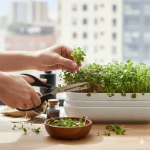 Hands using scissors to harvest fresh radish and broccoli sprouts from a budget-friendly growing kit.