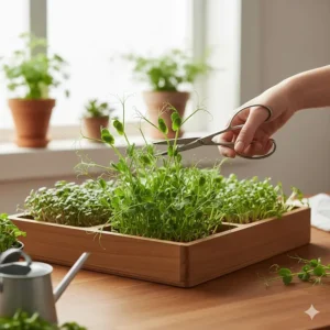 A hand using kitchen shears to harvest fresh pea shoots from an indoor microgreens kit.