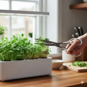 Using kitchen shears to harvest fresh pea shoots from a home hydroponic microgreens kit.