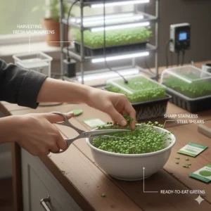 Illustration showing the clean harvest of fresh greens from a complete microgreens growing system.