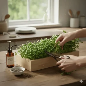 Using kitchen shears to harvest fresh organic microgreens at the base of the stems.