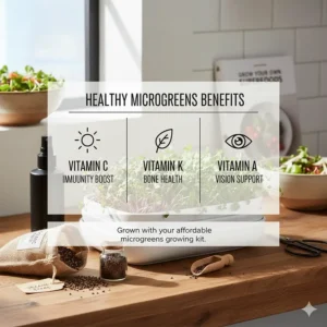 An infographic highlighting the vitamins found in greens grown with an affordable microgreens growing kit.
