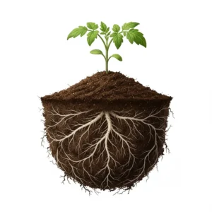 A cross-section illustration of a young heirloom tomato plant showing a strong, developed root system.