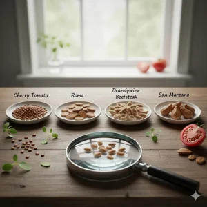 A comparative illustration of different heirloom tomato seed shapes, from tiny cherry types to large beefsteaks.