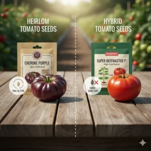 Comparison diagram showing the differences between heirloom and hybrid tomato seeds for home gardens.