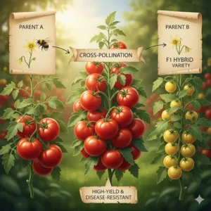 A diagram showing the cross-pollination of two different parent tomato plants to create a high-yield hybrid variety.