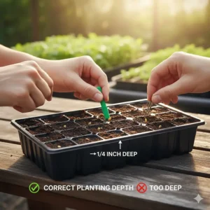 Illustration showing the correct planting depth and spacing for the best tomato seeds in a starter tray.