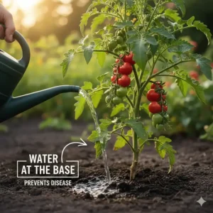 Illustration showing the correct way to water at the base of the plant for cherry tomatoes to grow without disease.