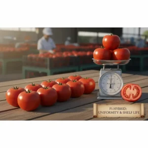 A row of perfectly uniform hybrid tomatoes illustrating the consistent size and shape typical of F1 hybrid seeds.