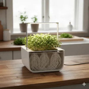 A cross-section view showing healthy white roots growing into the water of a hydroponic kit.