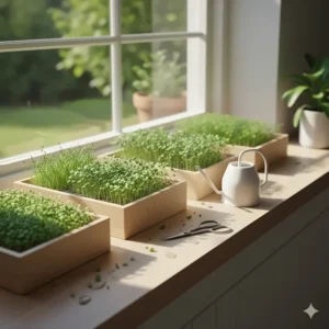 A vibrant indoor microgreens garden kit sitting on a sunny kitchen windowsill as functional decor.