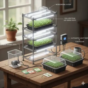 Diagram of full-spectrum LED lights integrated into a complete microgreens growing system for optimal growth.