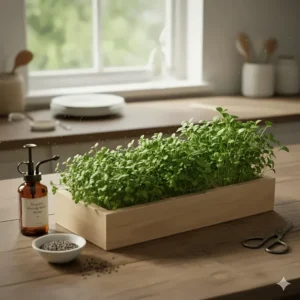 Lush green organic radish and broccoli microgreens reaching 2 inches in height, ready for harvest.