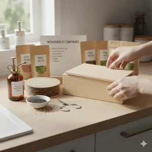 Covering the seed tray with a lid to start the germination phase of the microgreens kit.
