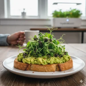 Freshly harvested hydroponic microgreens used as a garnish on a healthy avocado toast.