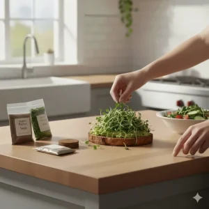 Freshly harvested greens from a countertop microgreens kit used as a healthy garnish on avocado toast.