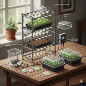 Illustration showing the parts of a complete microgreens growing system including trays, lights, and reservoir.
