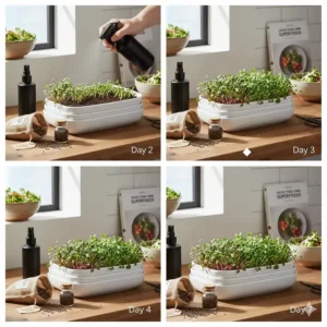 A diagram showing the 7-day growth cycle of sprouts in an affordable microgreens growing kit.