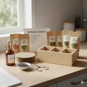 Components of an organic microgreens growing kit displayed on a table with instructions.