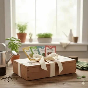 A microgreens kit decorated with a ribbon, perfect as a sustainable gift for gardeners or health enthusiasts.