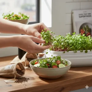 Adding fresh greens from an affordable microgreens growing kit onto a healthy salad bowl.