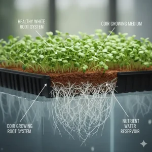 Cross-section illustration of healthy white root development in a hydroponic complete microgreens growing system.