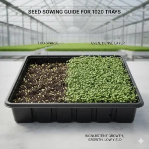 Visual guide for professional seed density per 1020 tray using a commercial microgreens growing kit.