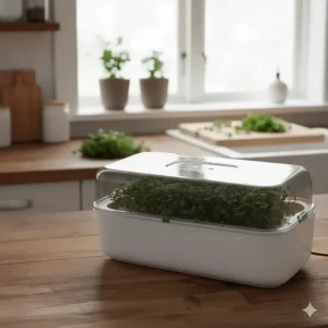 Tiny microgreen seeds sprouting under a blackout cover in a hydroponic setup.