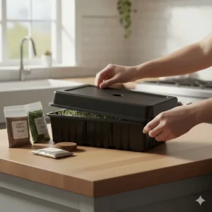 Small seeds beginning to sprout under a blackout cover in a countertop microgreens kit.