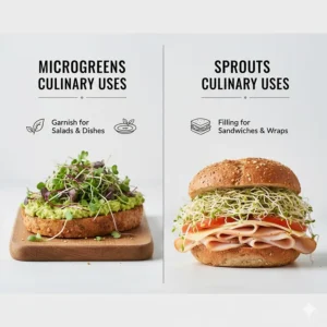 Visual guide showing microgreens used as a garnish on avocado toast and sprouts used as a filling in a fresh sandwich.