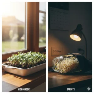 Diagram explaining that microgreens require sunlight for photosynthesis while sprouts grow best in dark, humid environments.