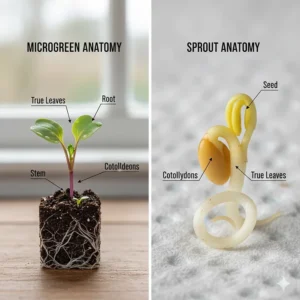 Anatomy of a sprout showing seed and root versus a microgreen showing the stem and first true leaves.