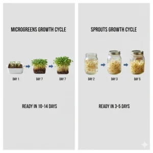 A timeline chart showing sprouts ready in 3 to 5 days and microgreens ready in 10 to 14 days.