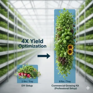 A graphic comparing microgreen yield per tray when using a professional commercial growing kit versus DIY setups.