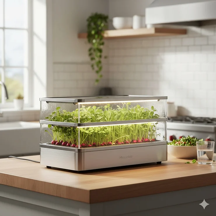 A sleek countertop microgreens kit with vibrant radish and pea shoots growing in a modern kitchen.