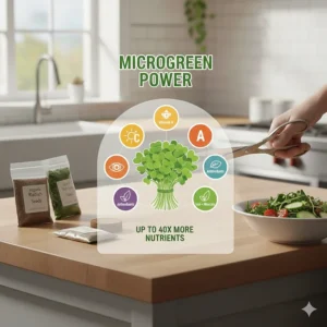 An illustration showing the high vitamin and antioxidant content of greens grown in a countertop kit.