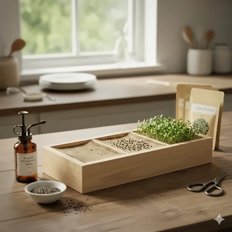 A complete organic microgreens growing kit including seeds, burlap grow pads, a wooden planter box, and a spray bottle.