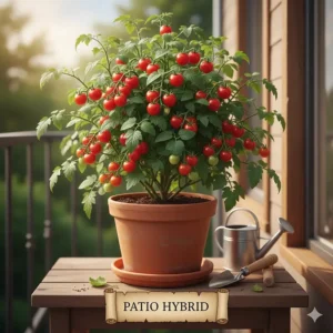 A compact hybrid tomato variety specifically bred for container gardening growing on a small balcony.