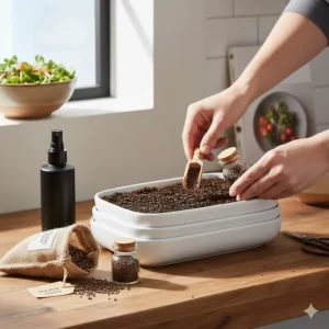 An illustration showing how to sow seeds using an affordable microgreens growing kit for beginners.