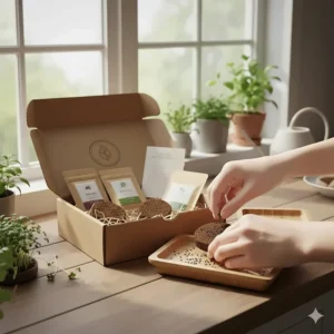 Close-up illustration of sowing radish and broccoli seeds into a microgreens growing medium.