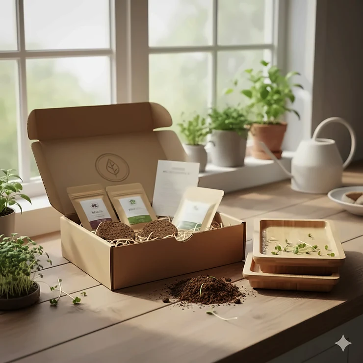 A complete organic microgreens kit gift set with stylish packaging, seeds, and bamboo growing trays on a kitchen counter.