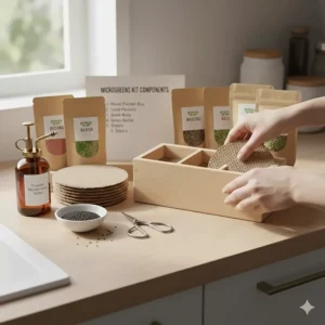 Placing a compostable hemp grow mat into a tray for planting organic microgreens.