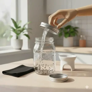 Illustration of rinsing broccoli sprouts through a mesh strainer lid to ensure proper drainage and hygiene.