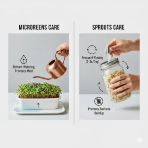 Illustration of the frequent rinsing process required for sprouts to prevent bacteria compared to bottom-watering microgreens.