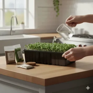 Demonstrating the self-watering reservoir feature of a countertop microgreens kit.